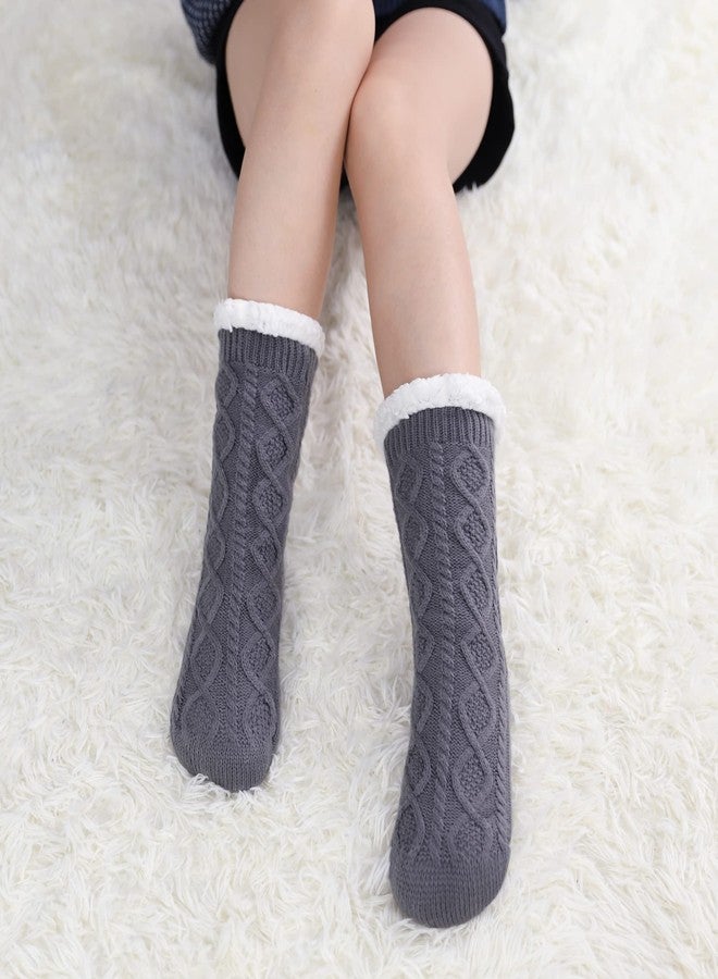 LINEMIN Womens Slipper Socks Winter Warm Fleece Lined Socks Cozy Soft Thick Fuzzy Non Slip Indoor Christmas Socks (Dark Gray Rhombic) - Image 2